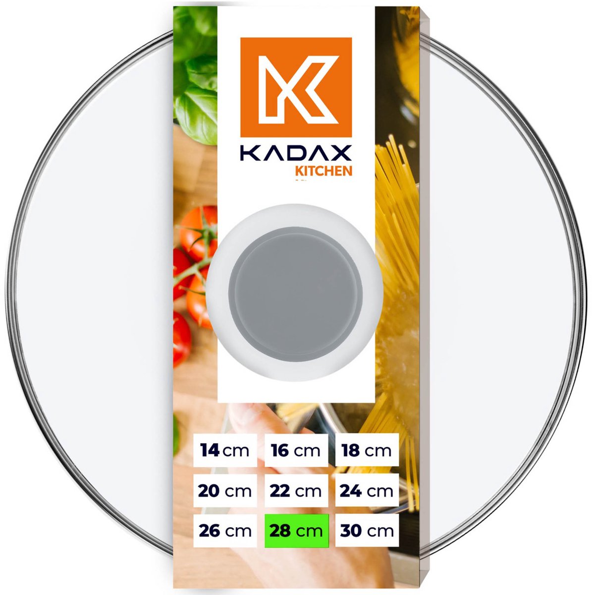 KADAX Glazen Deksel Met Siliconen Handvat, Hittebestendig Voor Pan, Diameter 14-30 cm, Met Stoomgat, Universeel in Verschillende Maten, Licht, Rond, 28 cm, Grijs