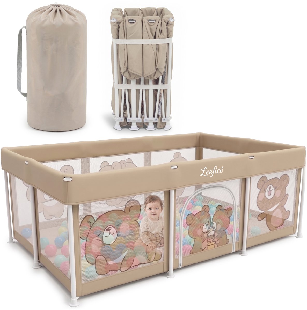 Leefico Grondbox Baby 180x120 cm - Zeer snel inklapbaar - Opvouwbare Baby Box met Speelmat - Speelbox - Kinderbox - Playpen Baby - Beer Patroon Beige