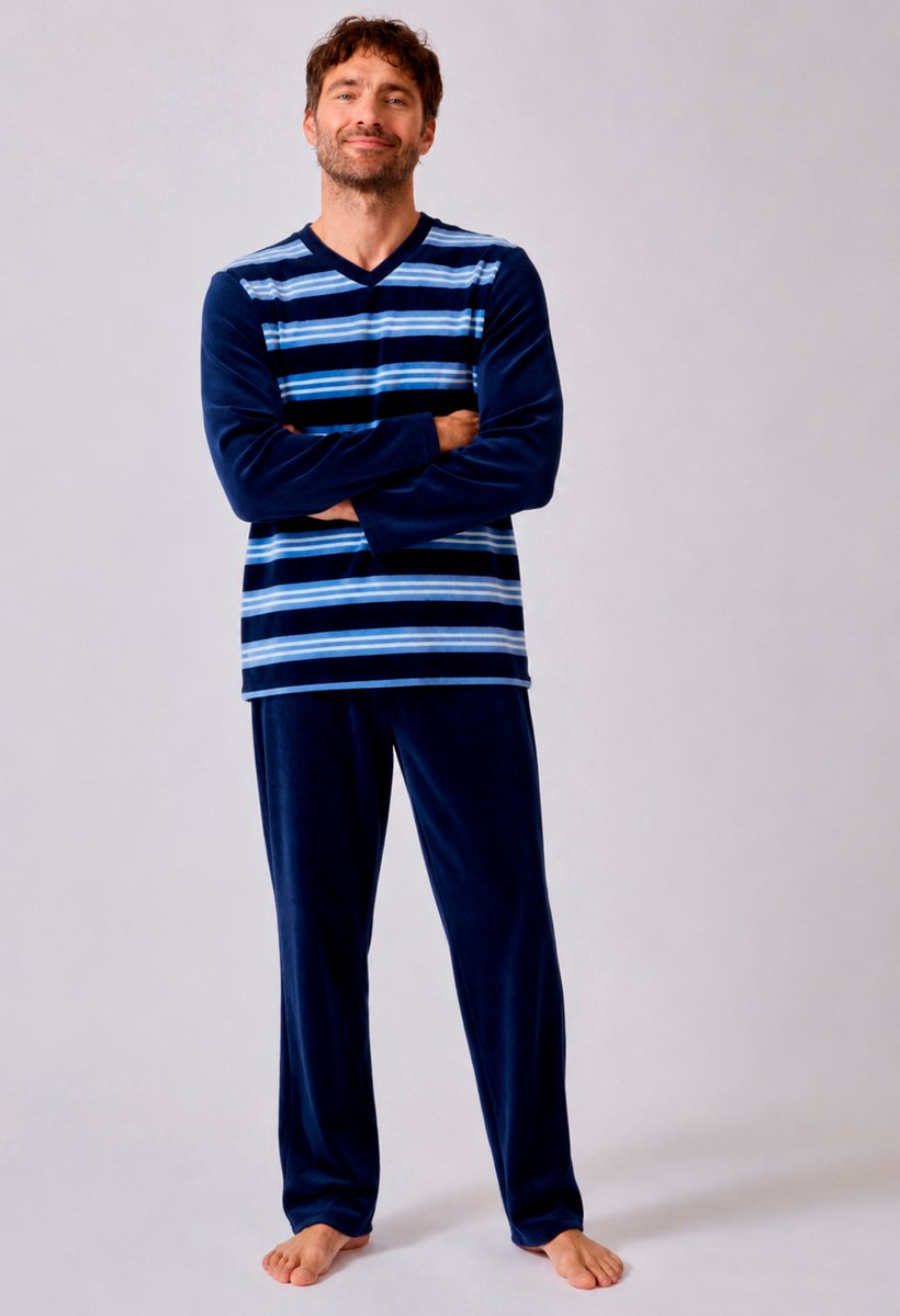 Damart - Gestreepte velours pyjama van katoenmix - Heren - Blauw - M