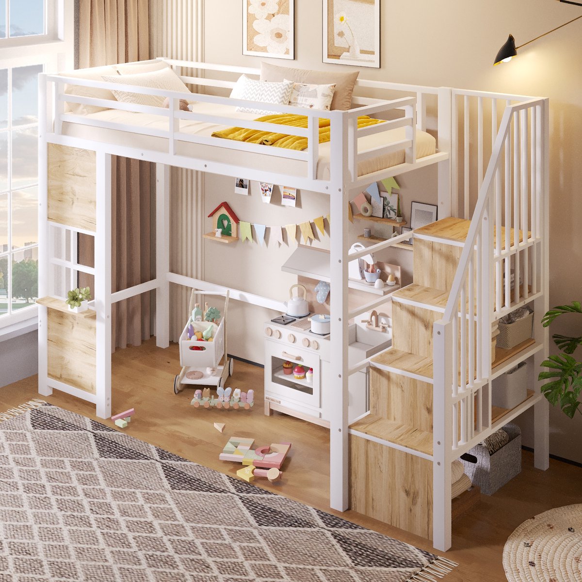 STILVORA Hoogslaper 90x200 cm – Kinderbed met opbergleider en open ruimte onder het bed – Uitvalbeveiliging en opbergrek – Metaal en MDF – Wit zonder matras
