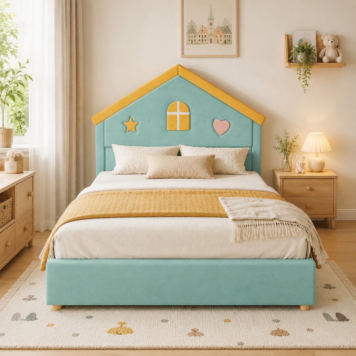 STILVORA Kinderbed 140x200cm Huisbed Met Zonder Matras – 4 Lades Opbergruimte – Voor Kinderen En Tieners – Zacht Fluweel – Blauwgroen
