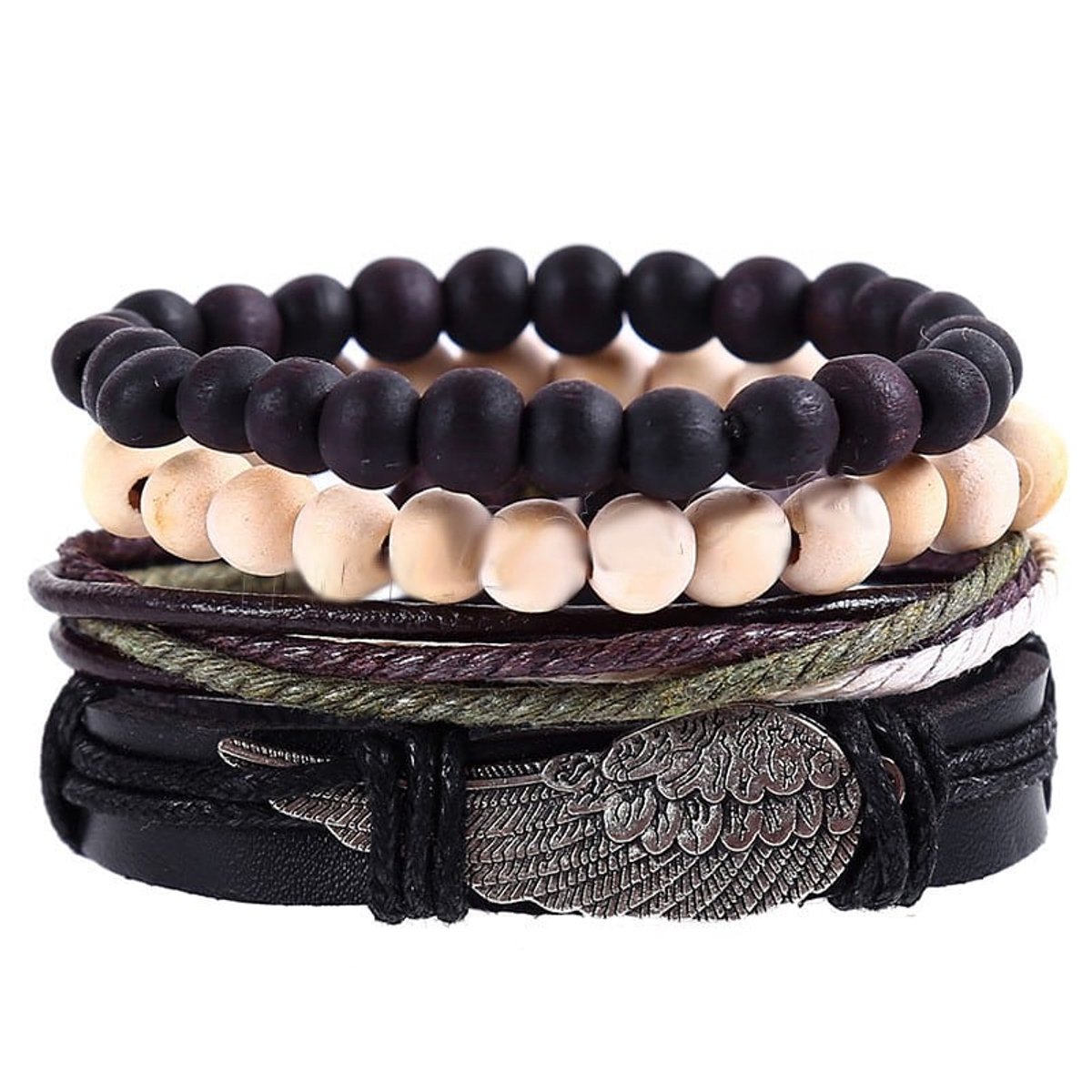 Heren Armbandenset Zwart Beige – Kralenarmbanden met Vleugel Detail en Leren Look – Stoere Herenarmband