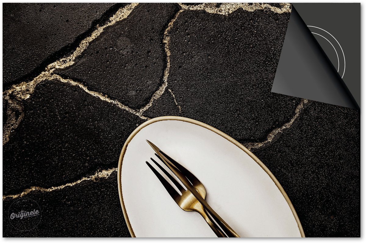 Inductie beschermer 90x52 - afdekplaat inductie mat - Dietrix Kookplaat beschermer - DELUXE - Bestek - Zwart Marmerlook en Gouden Bestek