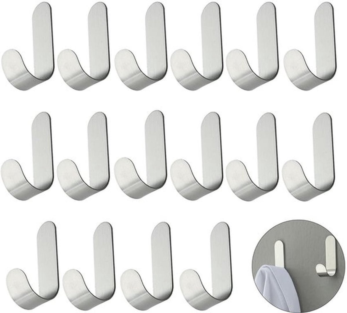 Haakset 16 Stuks - Roestvrij Stalen Haken - Zelfklevende Haken - L-vormige Haken - Sterke Handdoekhouder - Maximaal Draagvermogen 10 kg - Wandhaak