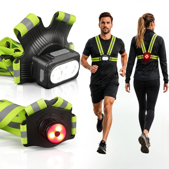 Man en vrouw dragen reflecterende hardloopvesten met LED-verlichting; een vest heeft een voorlamp, de ander een achterlamp.