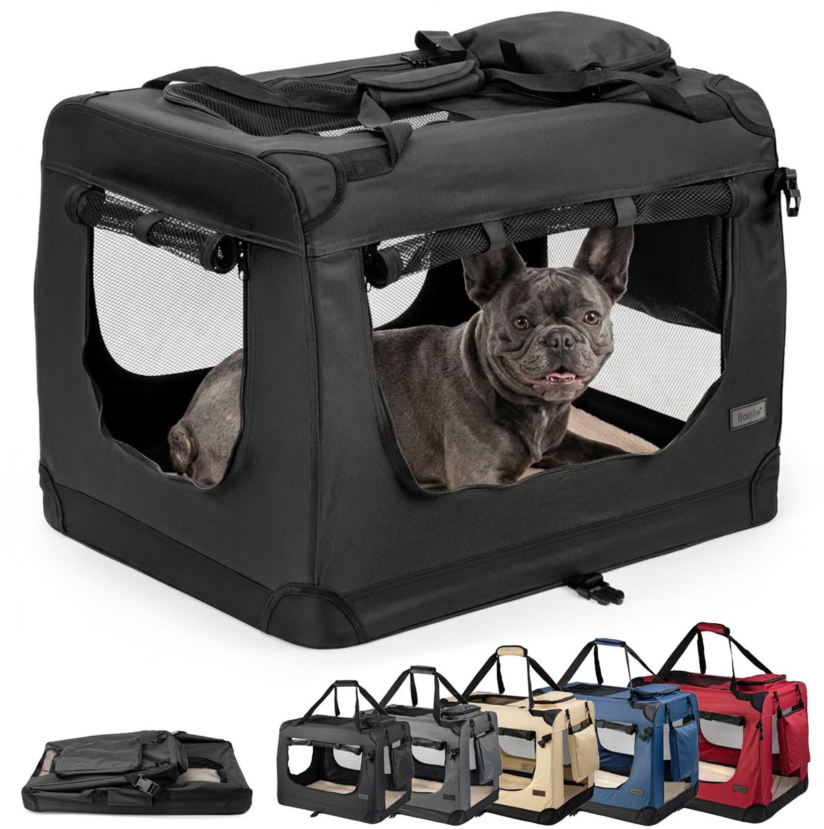 Famanu – Opvouwbare hondentransportbox voor reizen en auto, afmetingen 70x52x50 cm, stevige draagbox met handvaten en deken, geschikt voor huisdieren tot 15 kg, zwart