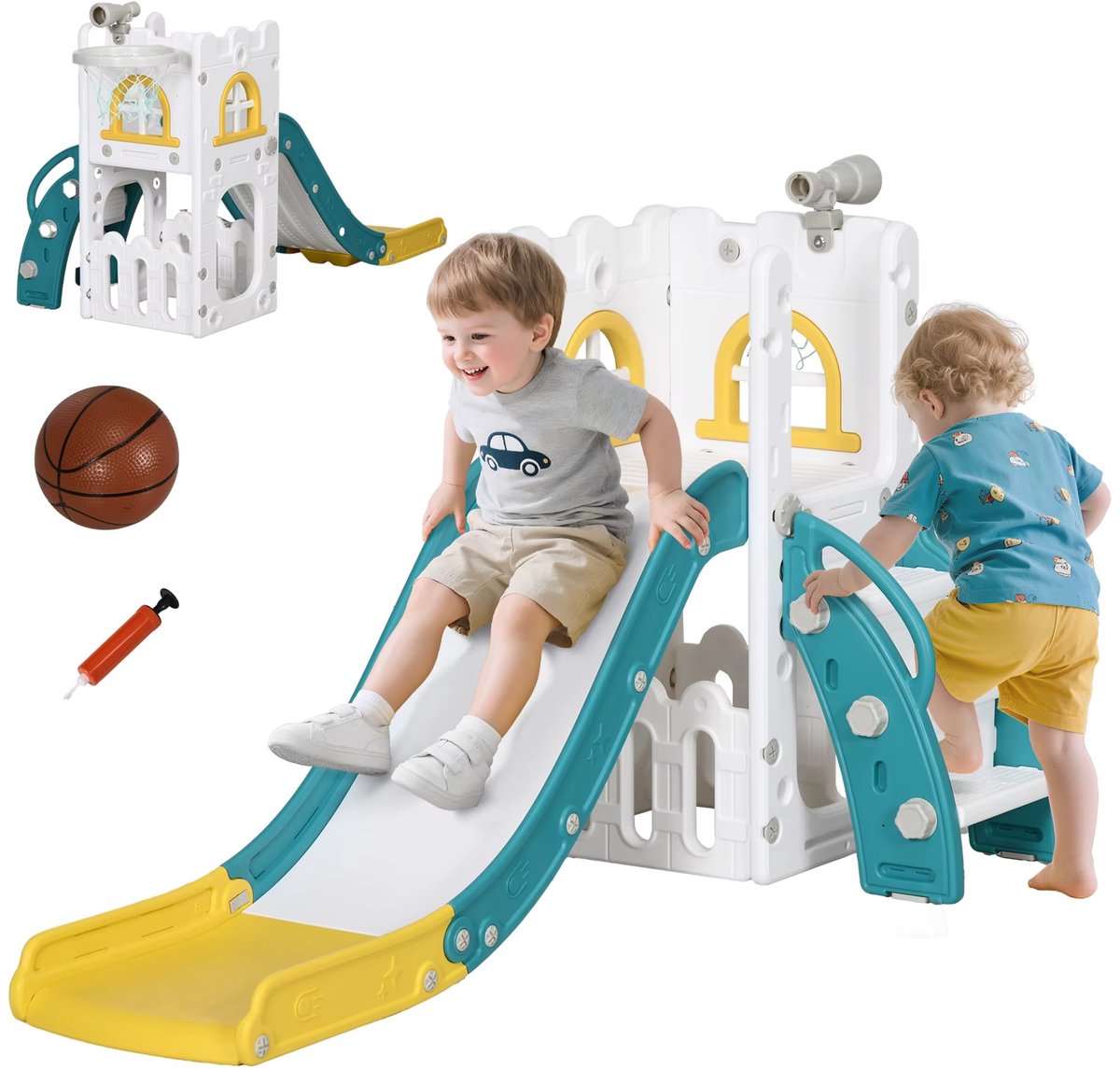 CreateEcom Glijbaan - klimrek - Speelhuisje - met Basketbalring - Telescoop - Opvouwbaar - voor Kinderen van 1-8 jaar - Geschikt voor Binnen en Buiten - Veilige Dichte Trap - 145 x 79.5 x 102 cm - geel en blauw