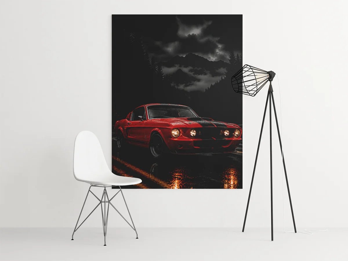 Canvas Schilderij Auto - Rode Mustang - Wanddecoratie - 75 x 100 cm