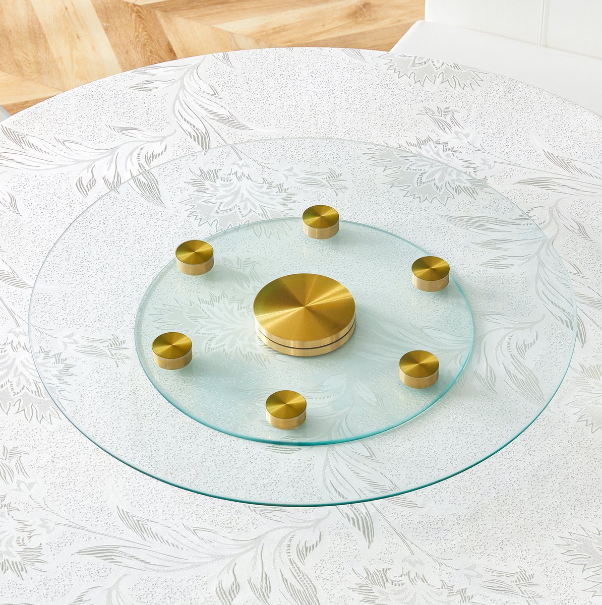REDOM - Tafelblad - Draaibaar rond ontwerp - Tweelaagse glasplaat - Gehard glas - Modern - Eettafel - Glas - Goud en Transparant - 61 x 61 x 0,6 cm