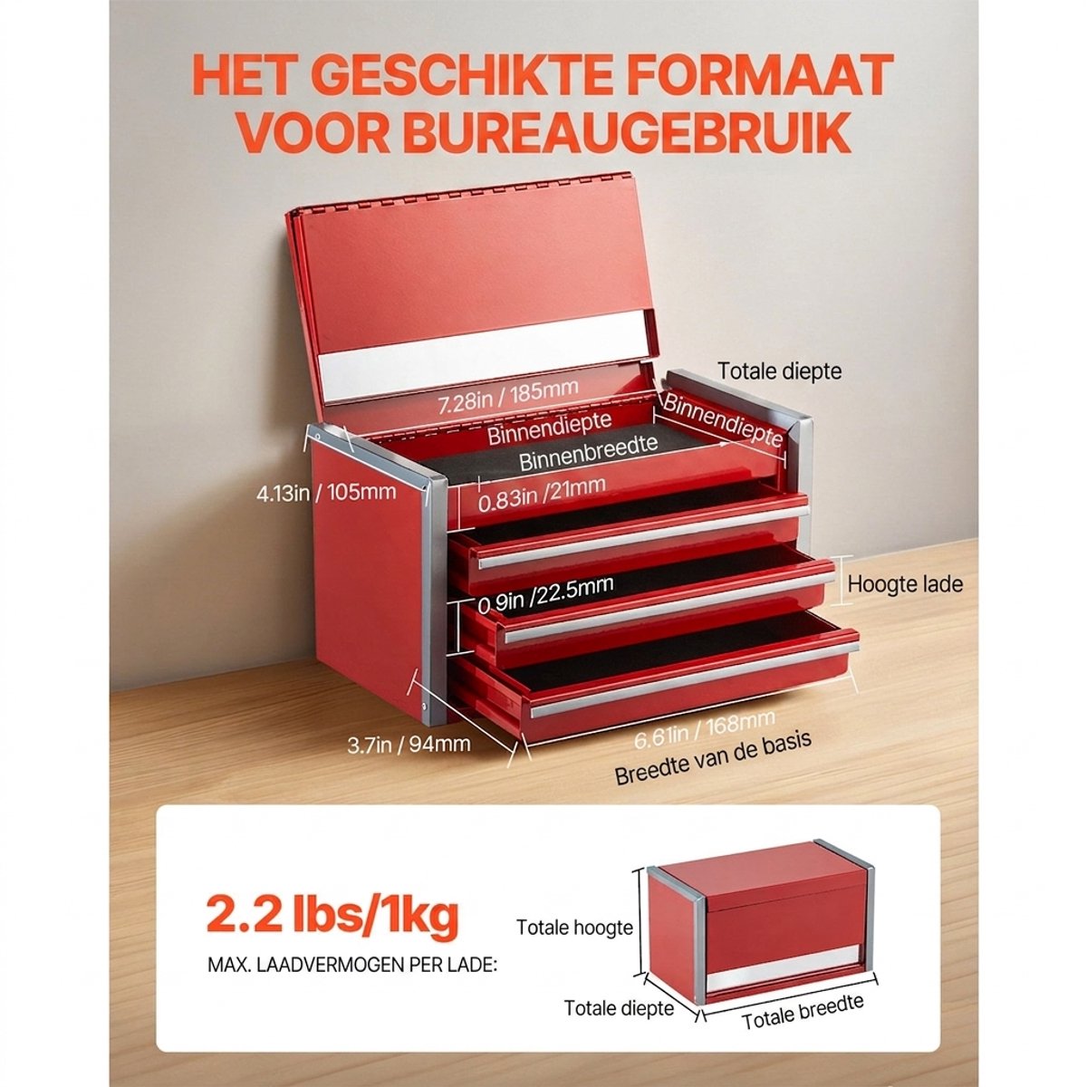 Metalen gereedschapskist - Gereedschapskoffer metaal - Kleine gereedschapskist - 3 Lades - Kogelgelagerd - EVA-voering - Gepoedercoat - Thuis - 21,8 cm - Rood — cadeau in Gereedschap - foto 2