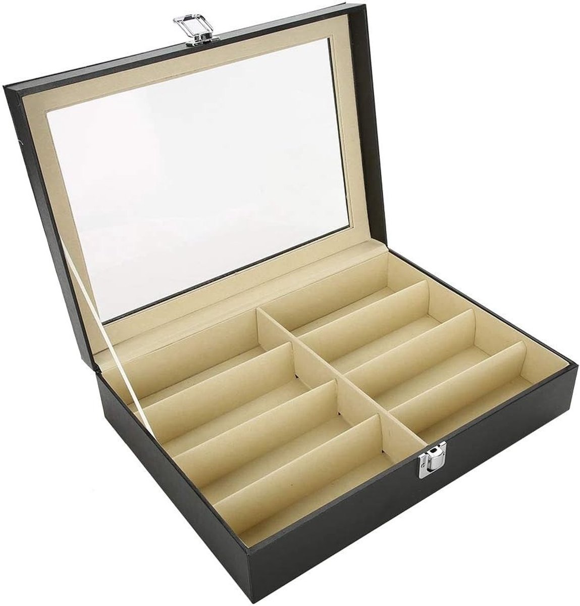 Opbergdoos voor Zonnebrillen en Brillen voor 8 Stuks, Organizer van PU Leer, Ideaal voor Thuis en Reizen, 33.5 x 24.5 x 8.5 cm, Zwart