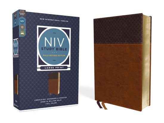 NIV Study Bible, Fully Revised Edition, Grand Format, marron, Lettres rouges, Comfort Print. Deux versions: boîte et bible.
