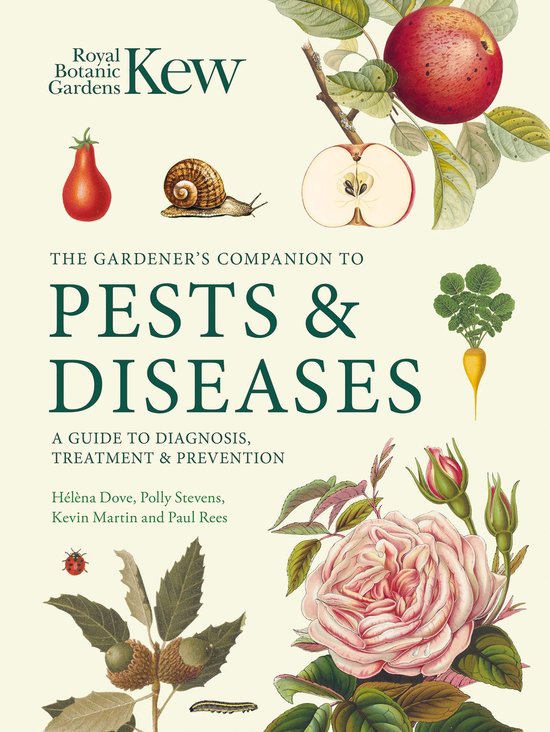 Boek 'The Gardener's Companion to Pests & Diseases' van Royal Botanic Gardens Kew, met illustraties van een appel, slak, roos en bladluis.
