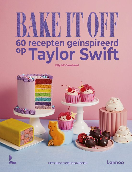 Boekomslag "Bake it off" met een regenboogcake, cupcakes en koekjes geïnspireerd op Taylor Swift.