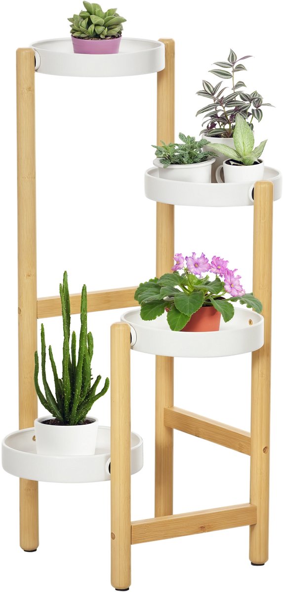 Plantenrek van bamboe en metaal met 4 niveaus - voor binnen en buiten - 28 x 28 x 80 cm - wit