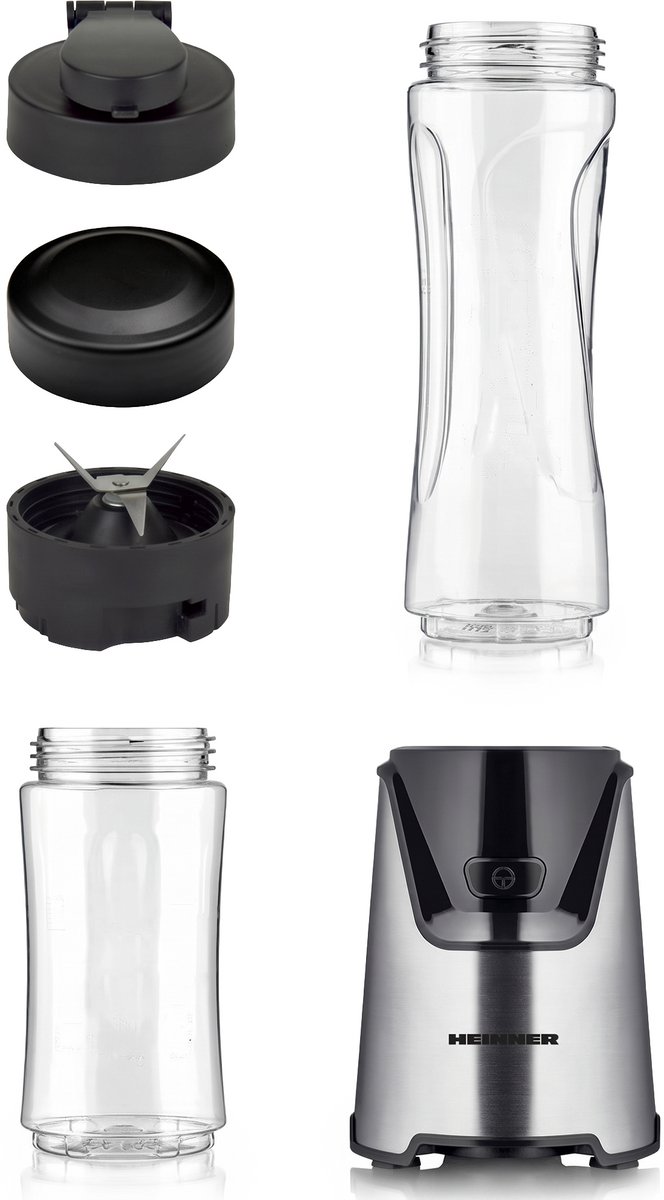 Heinner Sportblender - 400W - 19.000 rpm - 600 ml & 400 ml Tritan Bekers - BPA-vrij - 2 Ready-to-Go Deksels - RVS Messen - Inox Behuizing - Zwart/Inox van Heinner — afbeelding 2