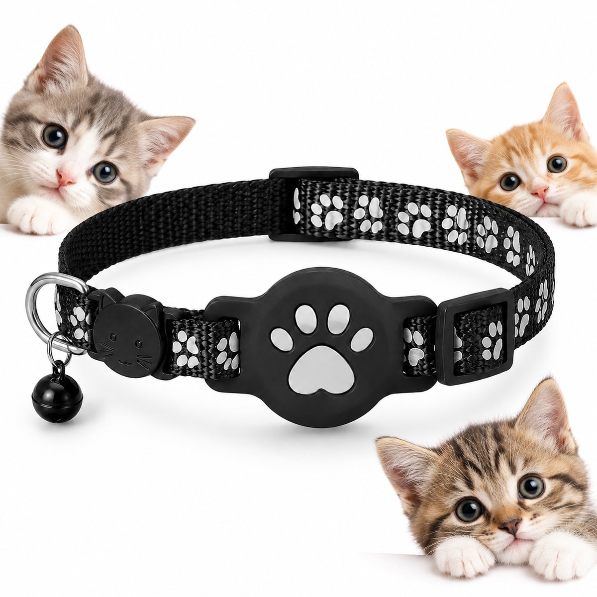 Gloovon® Kattenband met Tracker - GPS Tracker Kat - Veiligheidssluiting & Reflecterend - Nylon - 19-32 cm - Zwart