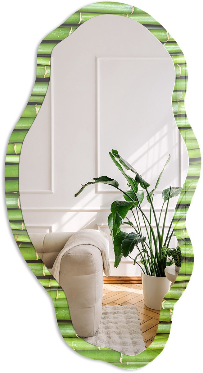 Coloray Groene Bamboe Spiegel - Groen Stijlvolle Wandspiegel - Organische Spiegel - Badkamer, Woonkamer, Slaapkamer - Minimalistisch - 45x90 cm - Totale afmeting 52x97 cm Groene Bamboe, Groen