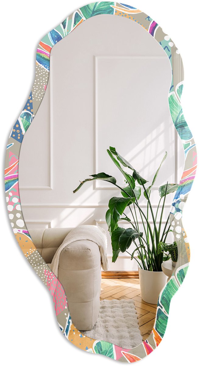 Coloray Tropische Bladeren Spiegel - Groen Rechthoekige Spiegel Voor Interieur - Organische Spiegel - Woonkamer - Illustratief - 45x90 cm - Totale afmeting 52x97 cm