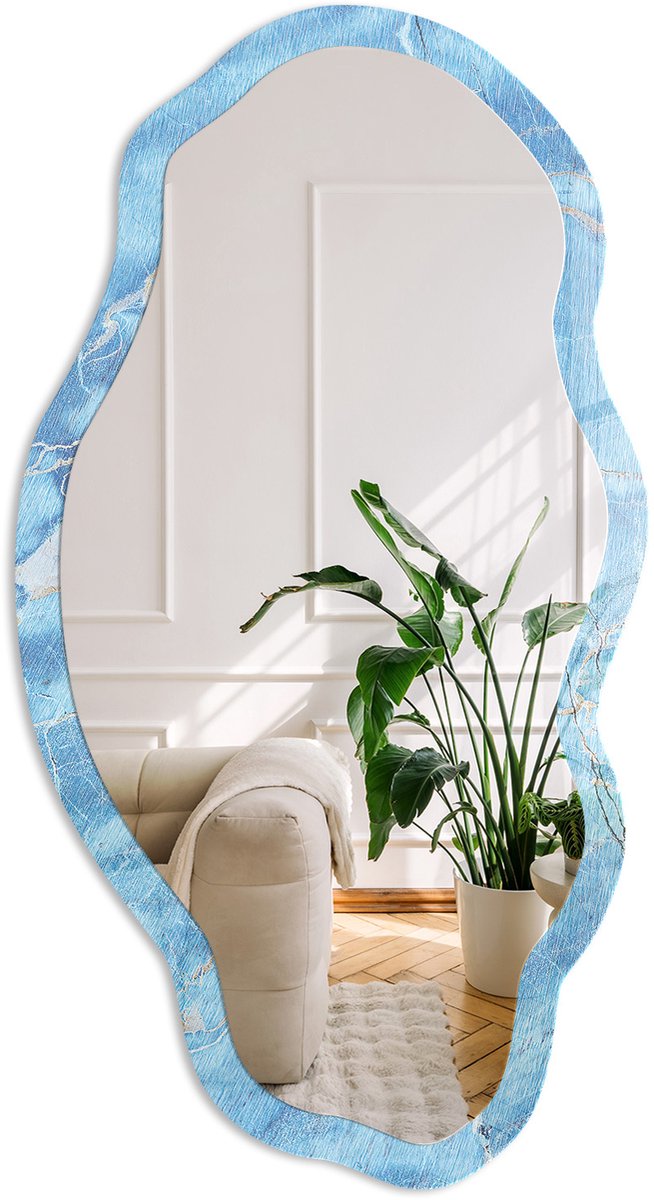 Coloray Blauwe Marmer Spiegel - Blauw Rechthoekige Spiegel Met Modern Design - Organische Spiegel - Badkamer, Slaapkamer, Woonkamer - Abstract - 45x90 cm - Totale afmeting 52x97 cm
