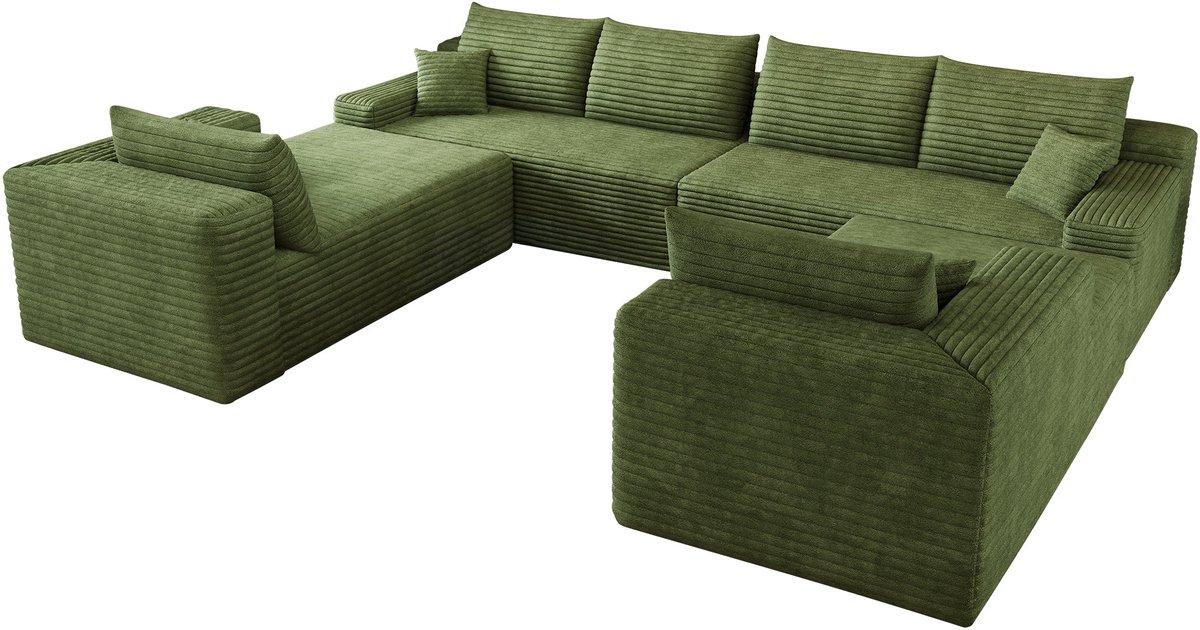 Merax Modulaire U-Bank 8-Zits 302x242 cm - Ribstof - 2 Chaise Longues - Diepe Zit - Schuimvulling - Groen - Zonder Montage