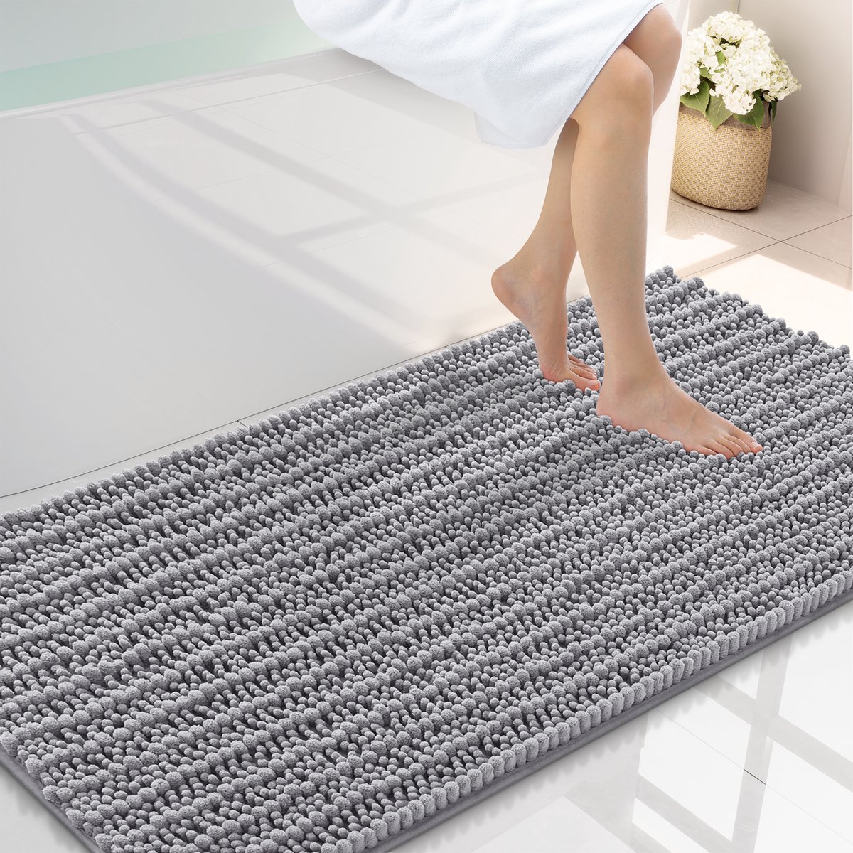 Olanly Badmat Antislip – Chenille Douchemat – Badmat Badkamer – Dik, zacht en absorberend – Middelgrijs – 61X112cm