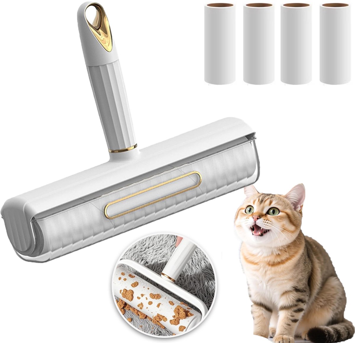 Pluisrollerset Met 5 Navulrollen En Transparant Deksel - Gemakkelijke Zelfklevende Roller Voor Haar, Stof, Vuil En Pluisjes - Veilig Voor Textiel Handvat Van 20,5 cm - Wit