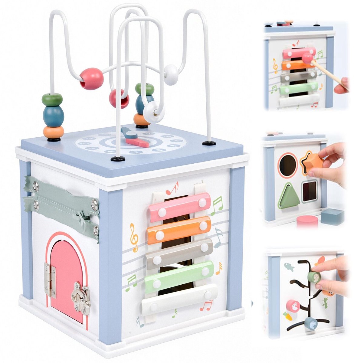 Houten Activiteiten Kubus 8-in-1 - Montessori Speelgoed voor Baby & Peuter (12+ Maanden) - Met Kraalframe, Xylofoon & Vormenstoof - Educatief Houten Speelgoed - Blauw - Baby speelgoed 1 jaar