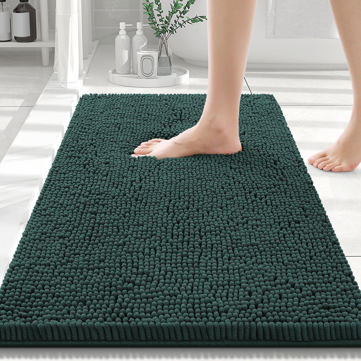 Olanly Badmat Antislip – Chenille Douchemat – Badmat Badkamer – Inktgroen – 51X76cm