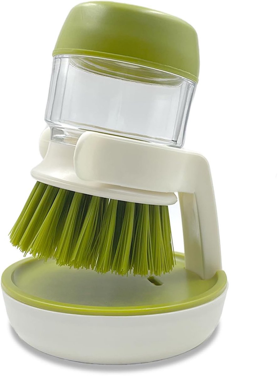 Afwasborstel – Keukenafwasborstel – Afwasborstel met zeepreservoir – Inclusief standaard en lekbakje – Voor het schoonmaken in de keuken – Groen