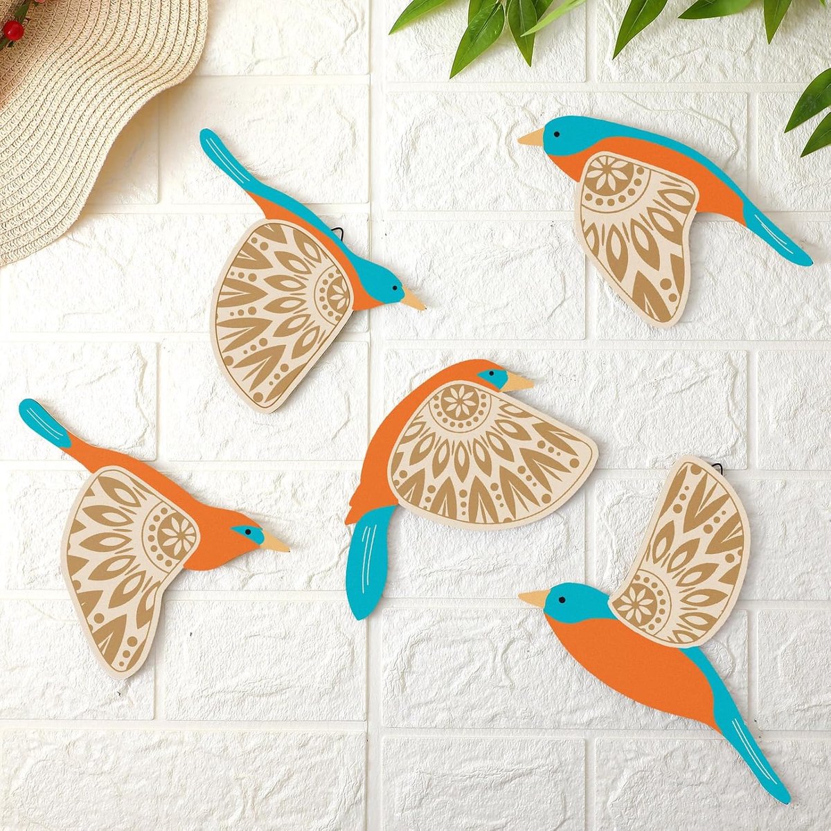 Claoner 5 Houten Vogels Wanddecoraties - Folkloristische Vogeldecoraties - Houten Vliegende Vogel Woondecoratie voor Vogelliefhebbers - Cyaan
