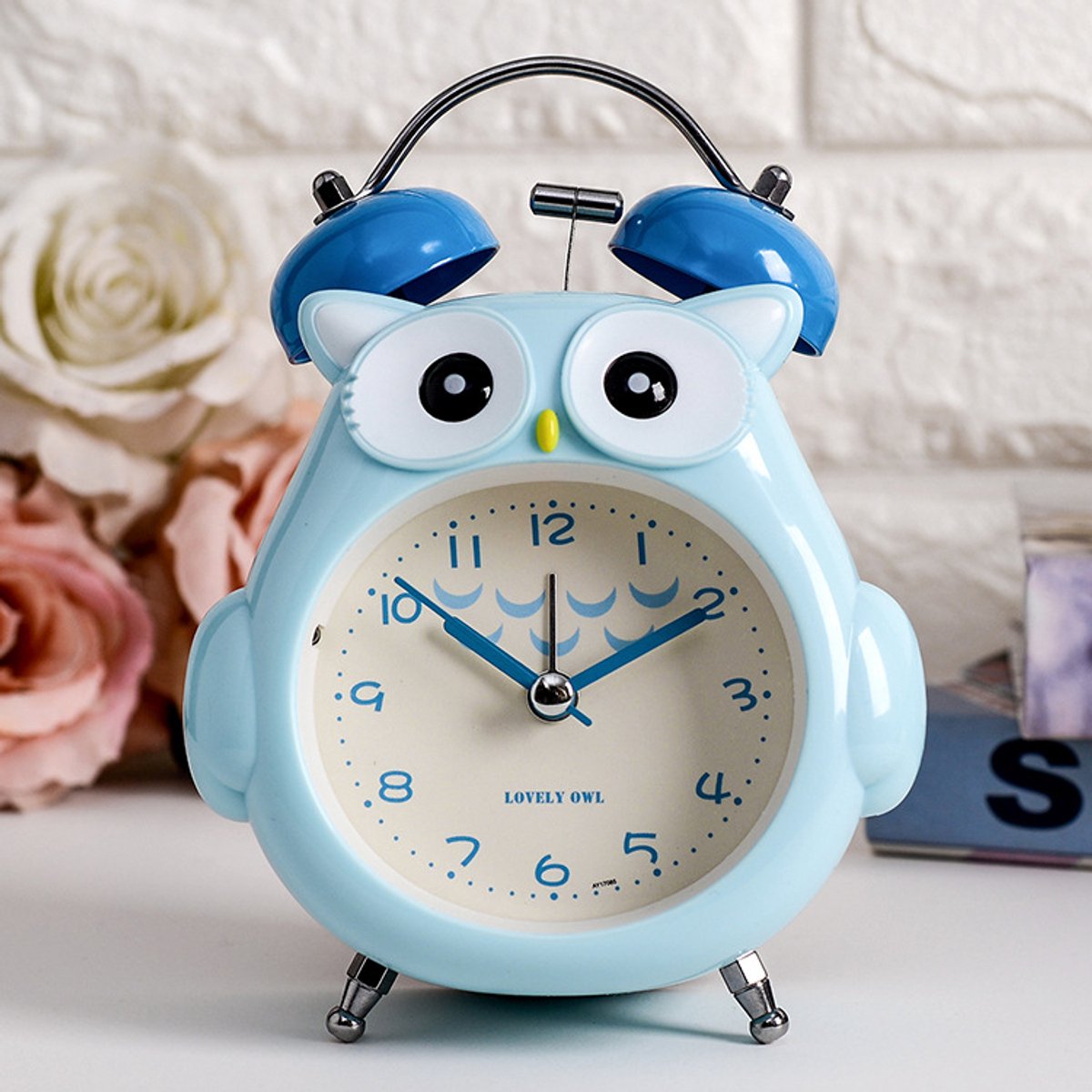 Schattige uil wekker voor kinderen - Stille quartz wekker met nachtlampje en belgeluid -Blauw