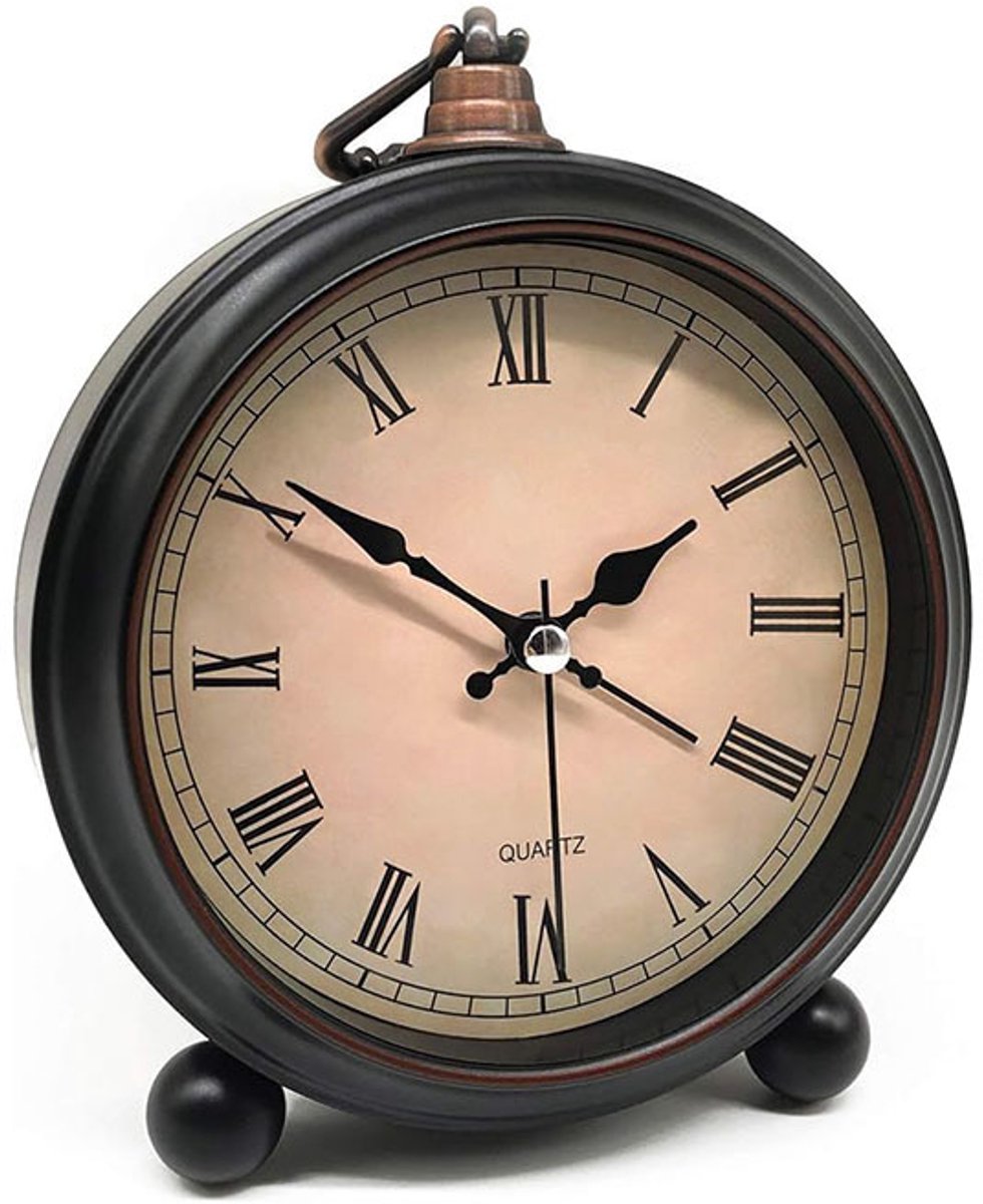 Retro stijl tafelwekker - Stille quartz wekker met nachtlampje en snooze functie- Kastanjebruine Romeinse cijfernaald, 15 cm.