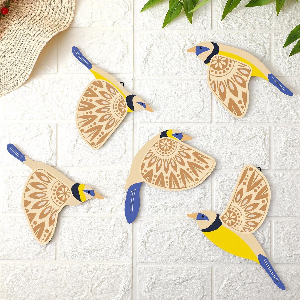 Claoner 5 Houten Vogels Wanddecoraties - Folkloristische Vogeldecoraties - Houten Vliegende Vogel Woondecoratie voor Vogelliefhebbers - Blauw
