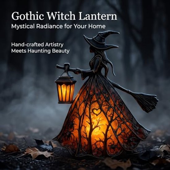 Een heksenfiguur met lantaarn en bezem in een donker bos, met de tekst 'Gothic Witch Lantern'.
