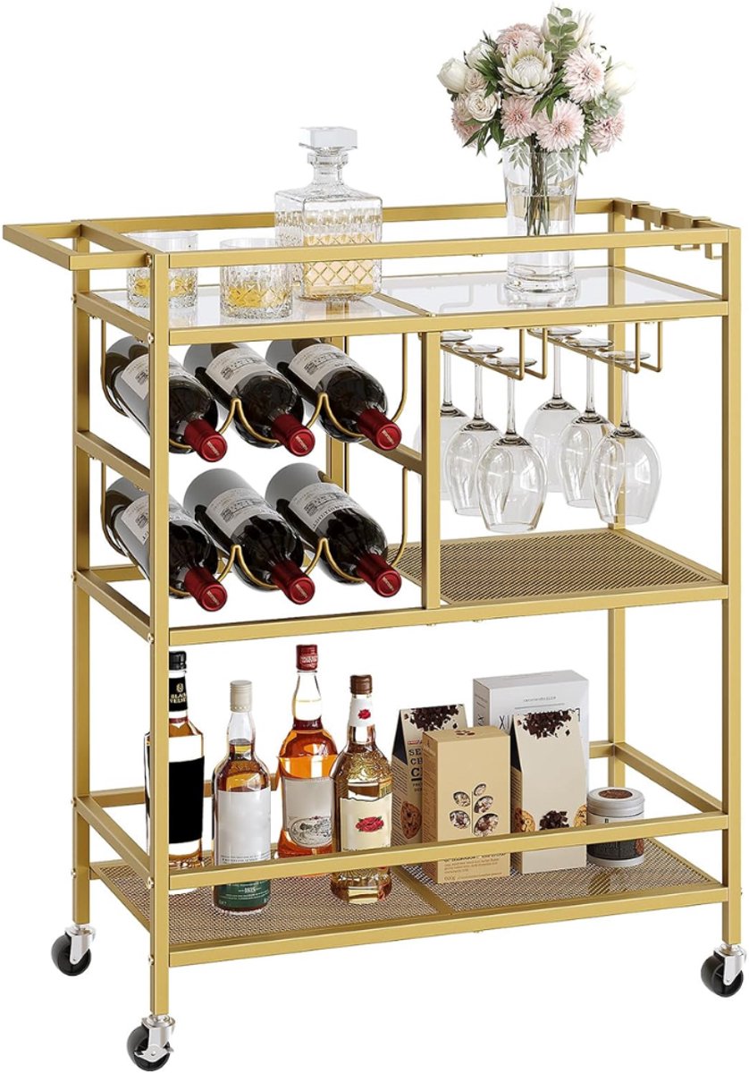 DYVNS® Drankkast - Wijnkast - Wijnrek - Barkast - Serveerwagen op Wielen - 3-Laags - Goud