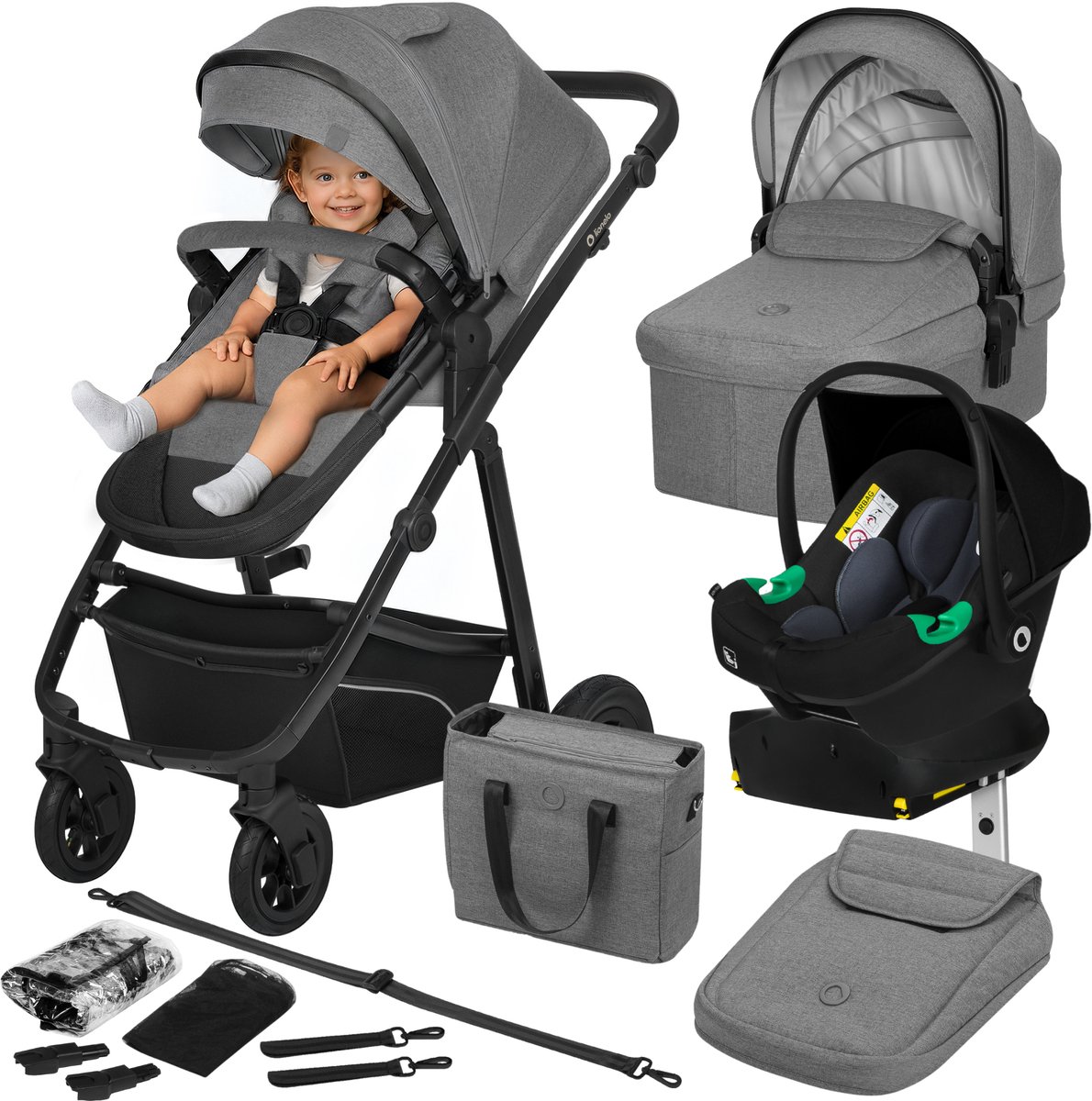 Lionelo Bianka - Kinderwagen 4 in 1 - incl. Autostoel & ISOFIX Basis - 0-22kg - XXL - Buggy 4in1 - Verstelbare Duwstang - Opvouwbaar - Accessoireset - XXL Zonnekap - Gelagerde Wielen - Reiswieg - Volledige Vering