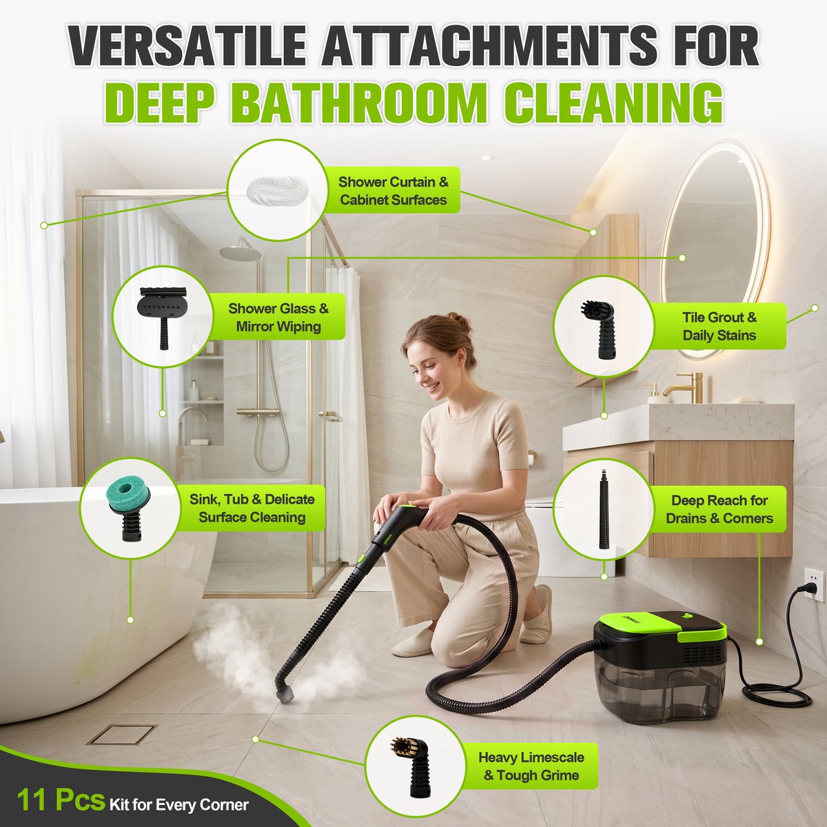 iSUNEX - Portable Steam Cleaner - Draagbare stoomreiniger -1500W, 1.6 L, Tot 60 minuten - Stomer voor Keuken - 10s Heat-Up - 3-Level Adjustable Handle