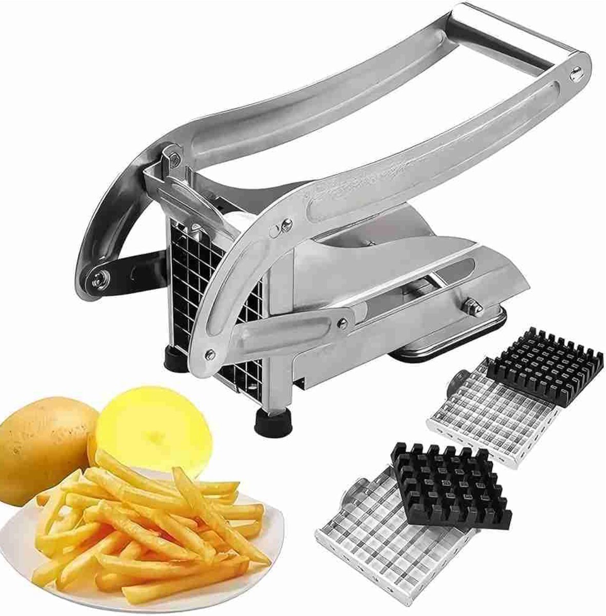 Frietsnijder Roestvrij Staal - Aardappelsnijder Pers - Friet Maken Thuis - Antislip Zuignap Bodem - 2 Messen Maten - Zilver