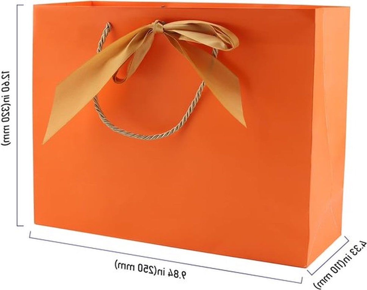 - Papieren geschenkzakken - Feestzakjes met handgrepen - Oranje met gouden striklint - Verjaardag en Kerstmis - 15 stuks - 32 x 25 x 11 cm