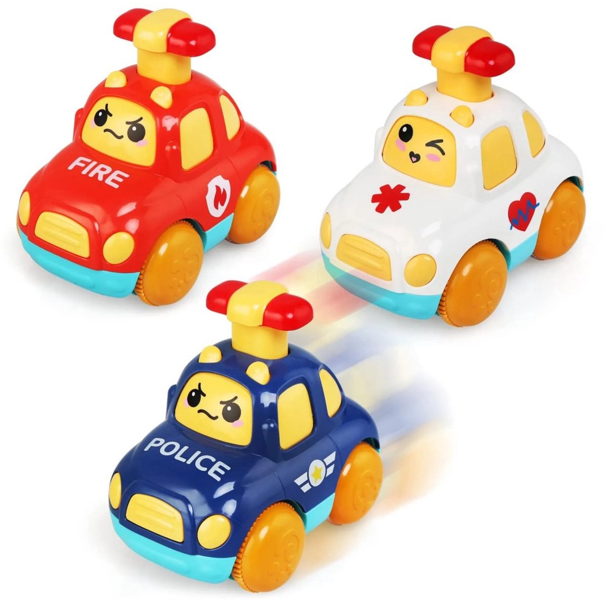 Casalora Speelgoedauto's 3 Stuks – Brandweerwagen, Ambulance & Politieauto – Educatief Speelgoed voor Kinderen van 1-3 Jaar – Cartoon Voertuigen – Speelgoedauto Set voor Jongens en Meisjes