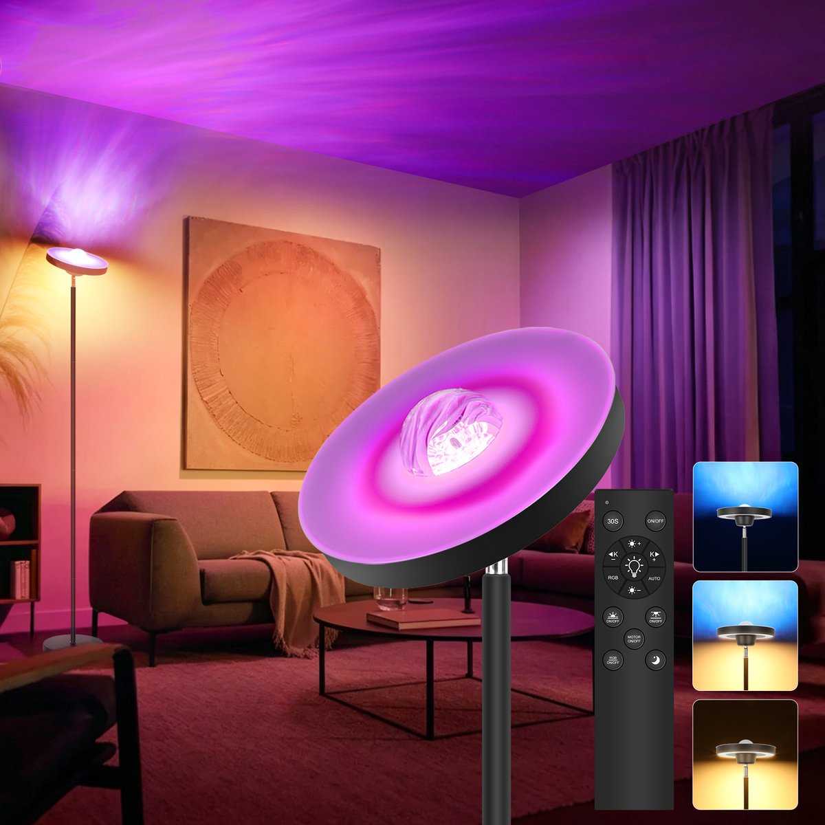 Oraymin LED Vloerlamp RGB - 24W - 3000-6500K - Dimbare Sfeerlamp met Wave Lichteffect en Afstandsbediening