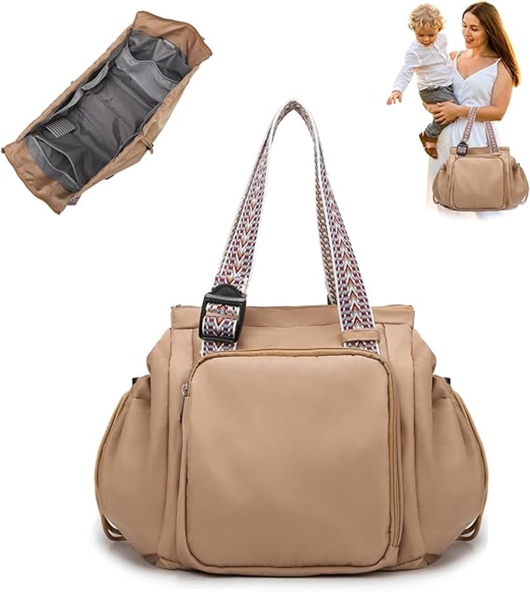 KZQ 3-in-1 Luiertas, Rugzak en Tote met 15 Vakken, Waterdicht, Lichtgewicht, Volledig Plat te Openen, Handbagage voor Werk en Reizen