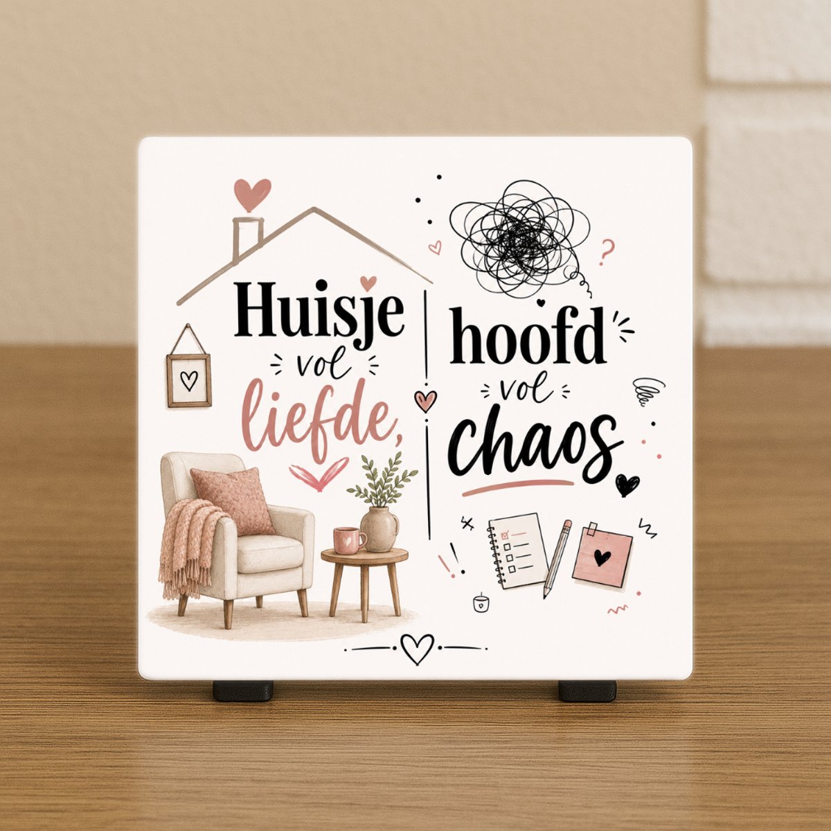 CreaCraft Spreuktegel “Huisje vol liefde, Hoofd vol chaos” - Woondecoratie – Cadeau tegeltje – Trendy nu – Vriend(in), Collega, familie – Zomaar – Cadeau – Incl standaard – Wenstegeltje – Cadeau idee
