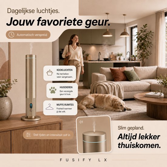 Gouden FUSIFY LX geurverspreider in een sfeervolle woonkamer. Ideaal voor kookluchtjes, huisdieren en muffe ruimtes. Slim gepland.