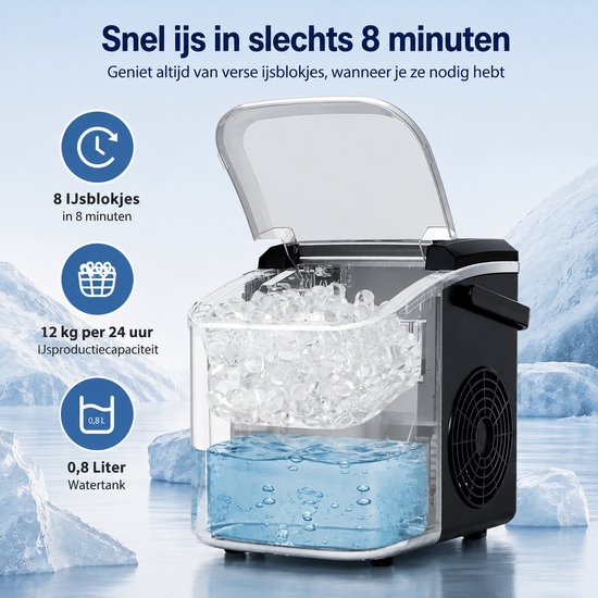 SanaVida - IJsblokjes Machine - Ice Cube Maker - Draagbare IJsblokjesmaker - 12KG/24H - 2 Maten IJsblokjes - Zwart - 27x20x28cm — afbeelding 5