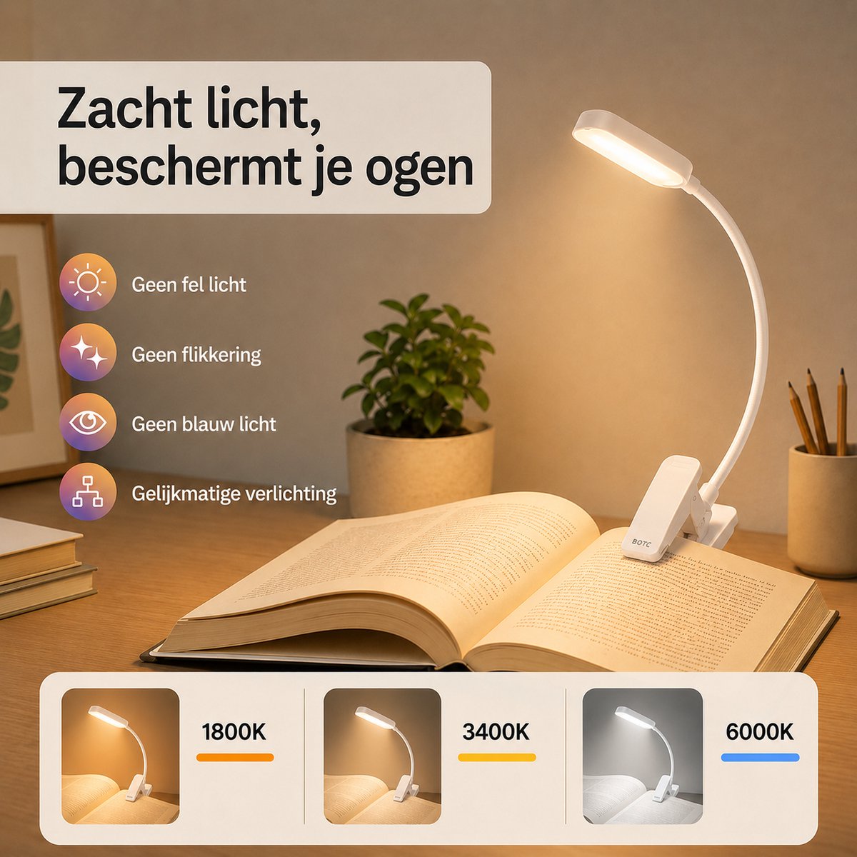 BOTC LED Leeslampje voor boek - 3 Lichtstanden & Oplaadbaar - Boeklampje - Klemlamp - Verstelbaar - USB Oplaadbaar - Wit — cadeau in Gadgets - foto 3