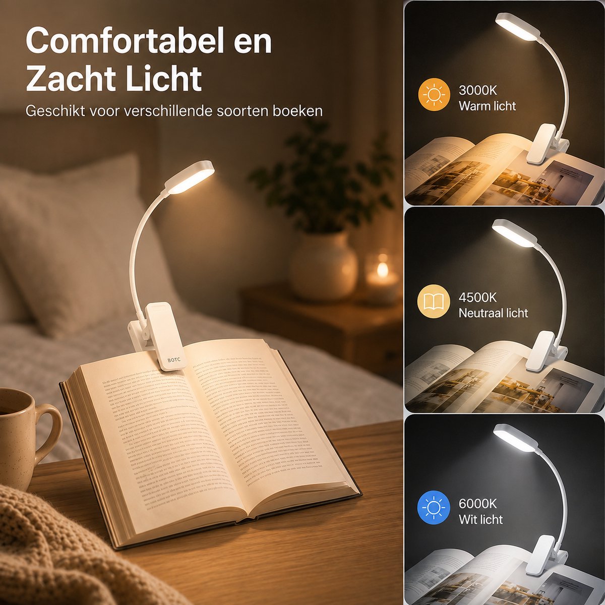 BOTC LED Leeslampje voor boek - 3 Lichtstanden & Oplaadbaar - Boeklampje - Klemlamp - Verstelbaar - USB Oplaadbaar - Wit — cadeau in Gadgets - foto 4