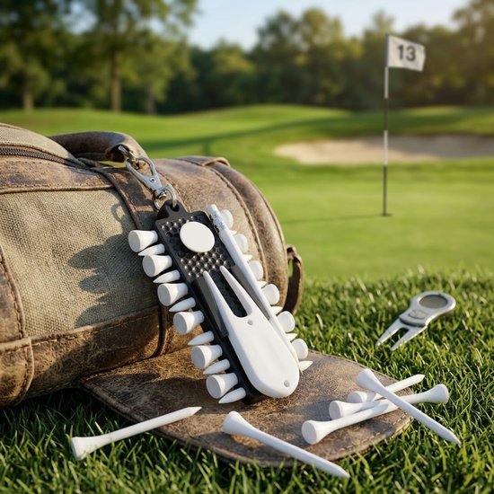 Zwarte golf tee houder set met witte golf tees – golf tees organizer – inclusief 12 golf tees, pitchfork, bal marker, potlood en draagclip – golf accessoires — afbeelding 4