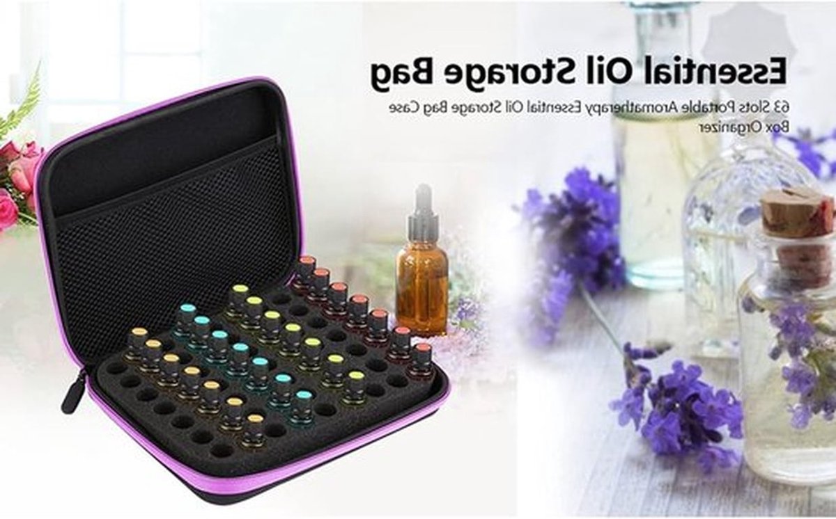 Opbergtas voor etherische oliën met 63 sleuven - Grote capaciteit, draagbaar en compact voor aromatherapie en thuisgebruik (Paars)